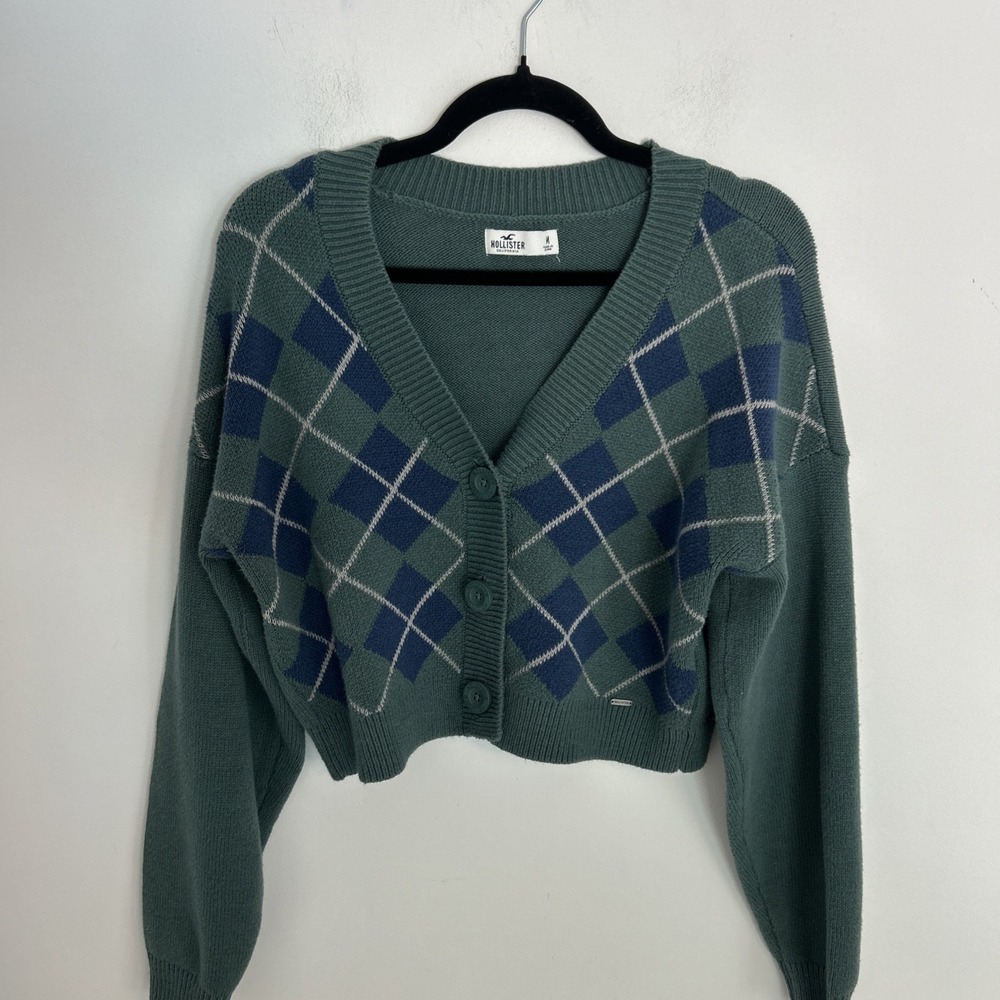 Woman's Hollister Crop Argyle Cardigan Size M Blue Green Sweater Knit Layering